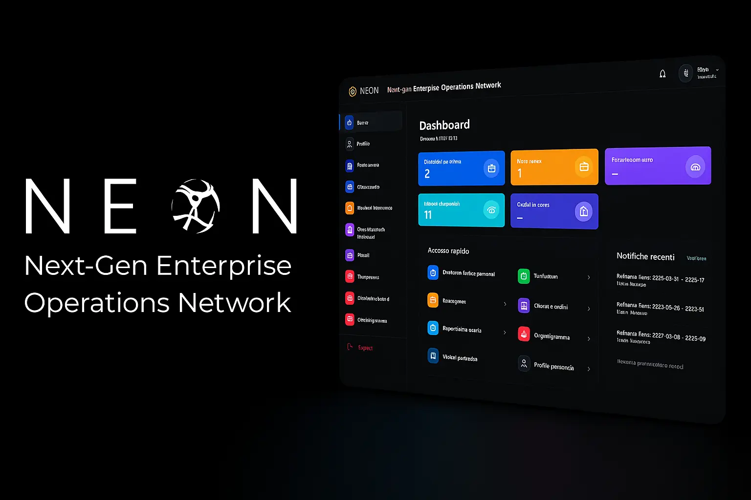 Dashboard NEON - Anteprima delle principali schermate per gestione HR, veicoli e organigramma