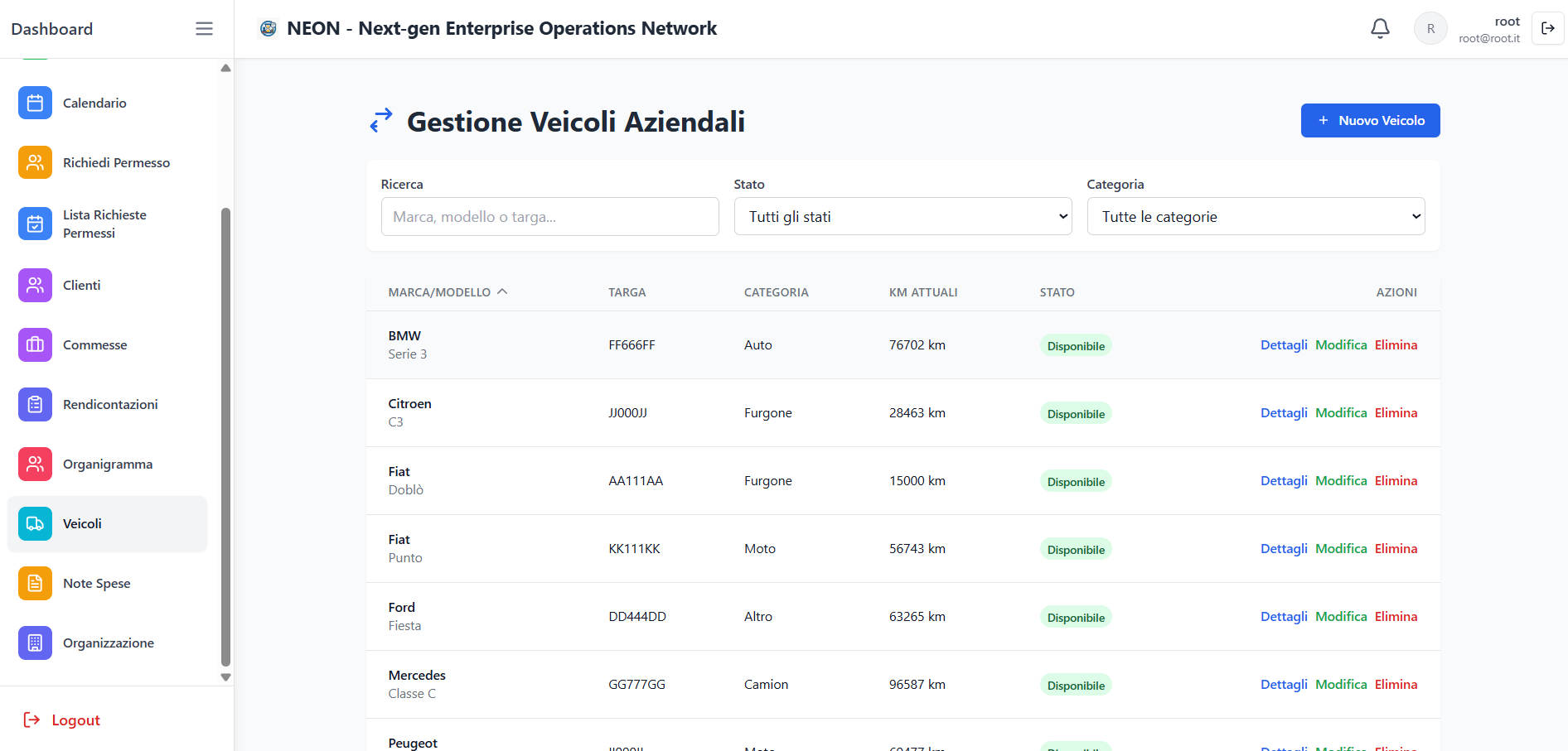 Gestione flotta veicoli NEON - Prenotazioni, manutenzioni e monitoraggio costi